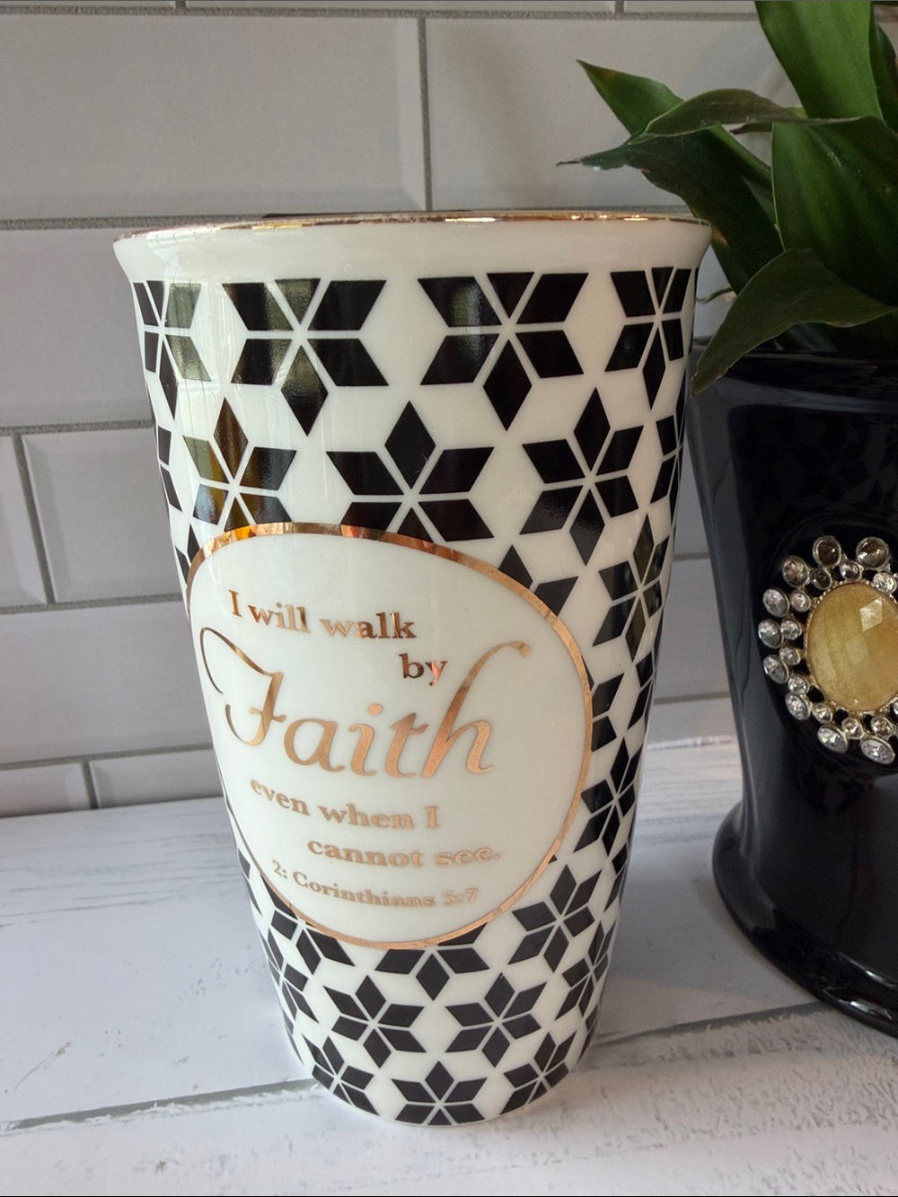 Faith Decorative Ceramic Tumbler in White and Black with Gold Accents